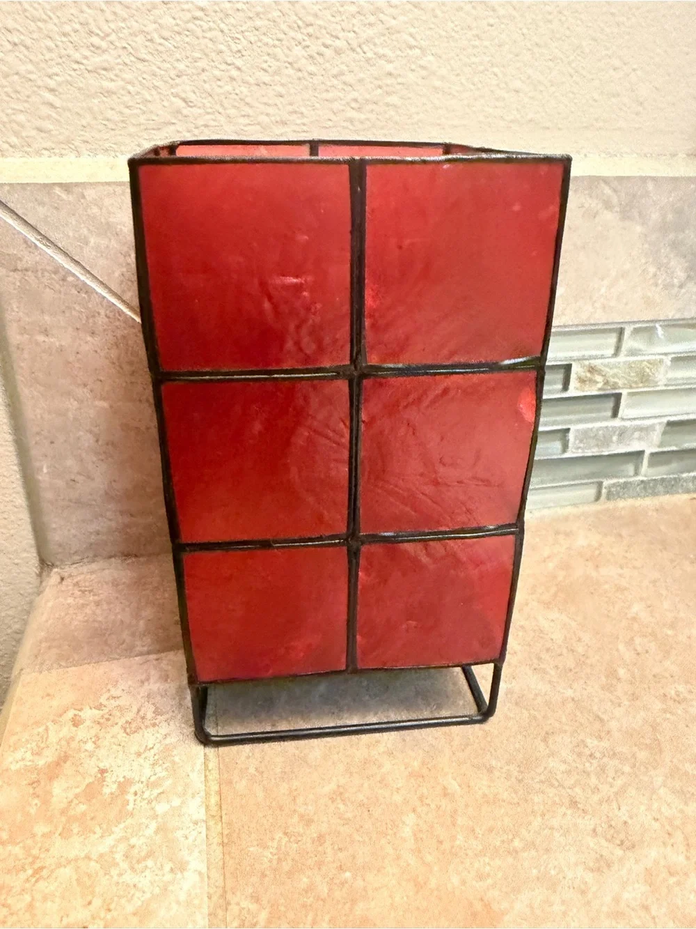 CAPIZ Shell candle holder with metal black base decor light accent piece red